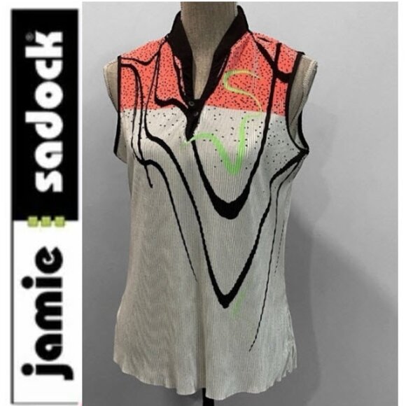 Jamie Sadock Pleated Sleeveless Blouse Black White Neon Pink Print Size Medium - Picture 1 of 14